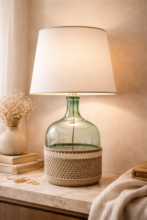 Lampe avec base crochet et pied en verre, ambiance naturelle.