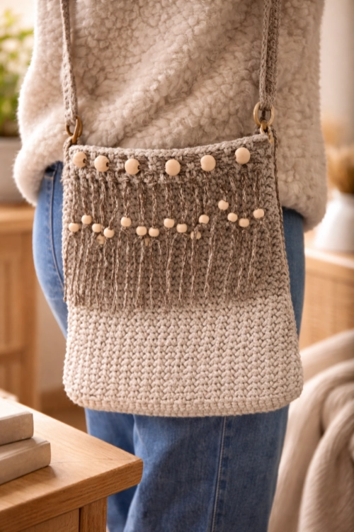 Sac bandoulière en crochet avec franges et perles.