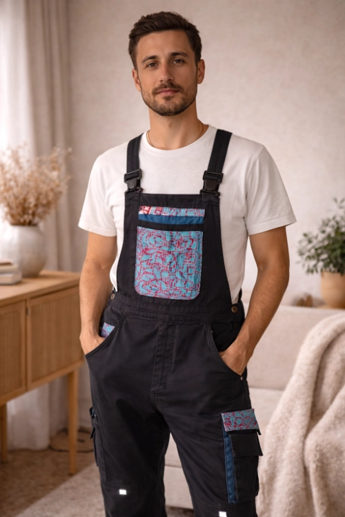 Salopette upcyclée avec empiècements textiles graphiques.